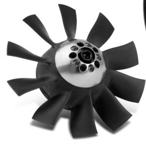 A black and silver fan is shown on the green background.