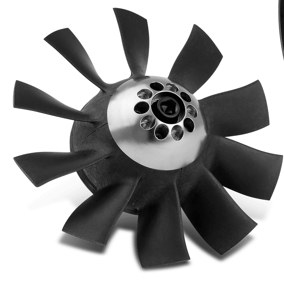 A black and silver fan is shown on the green background.